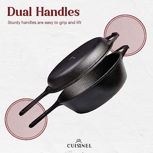 Cast Iron Skillet + Lid - 2-In-1 Multi Cooker - Deep Pot + Frying Pan - 3-Qt Dutch Oven - Pre-Seasoned Oven Safe Cookware - Indoor/Outdoor - Grill, Stovetop, Induction Safe - Great for Bread - Image 5